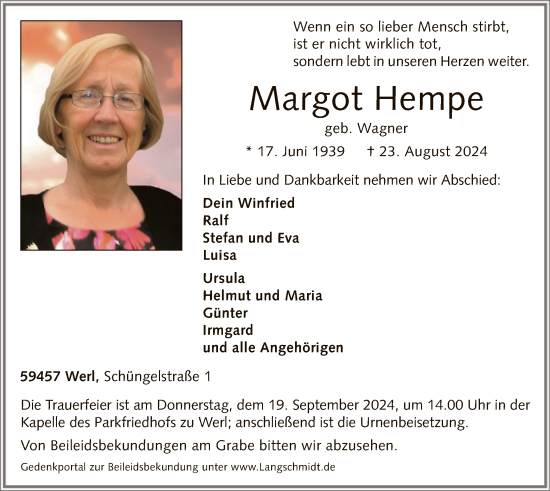 Todesanzeige von Margot Hempe von WA