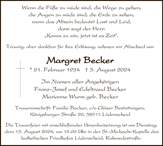 Todesanzeige von Margret Becker von WA