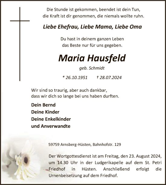 Todesanzeige von Maria Hausfeld von WA