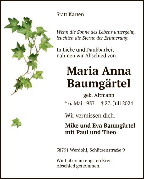 Todesanzeige von Maria Anna Baumgärtel von WA