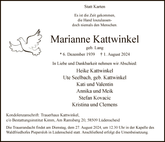 Todesanzeige von Marianne Kattwinkel von WA