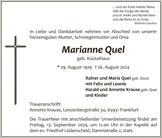 Todesanzeige von Marianne Quel von WA