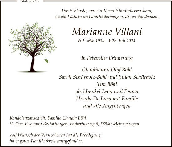 Todesanzeige von Marianne Villani von WA