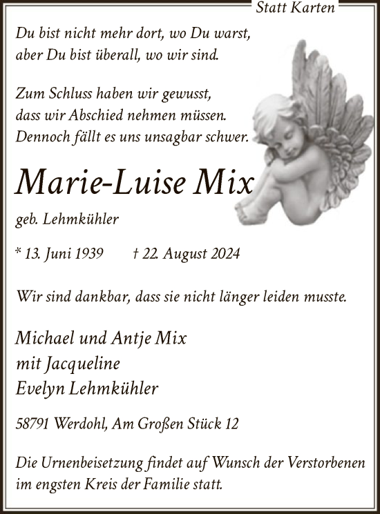 Todesanzeige von Marie-Luise Mix von WA