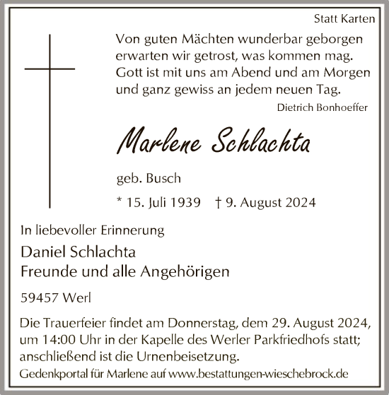 Todesanzeige von Marlene Schlachta von WA