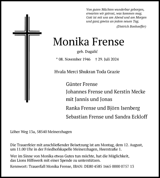 Todesanzeige von Monika Frense von WA