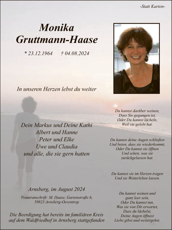 Todesanzeige von Monika Gruttmann-Haase von WA