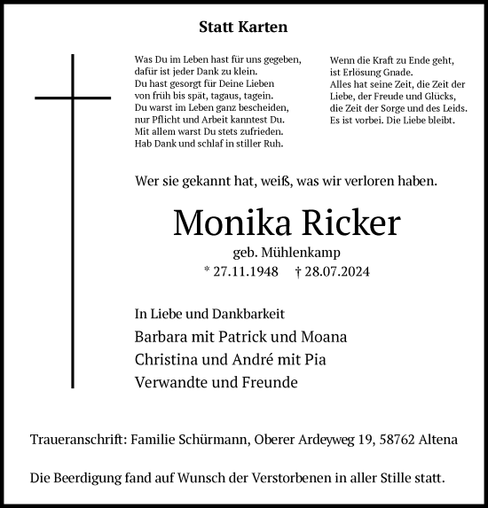 Todesanzeige von Monika Ricker von WA