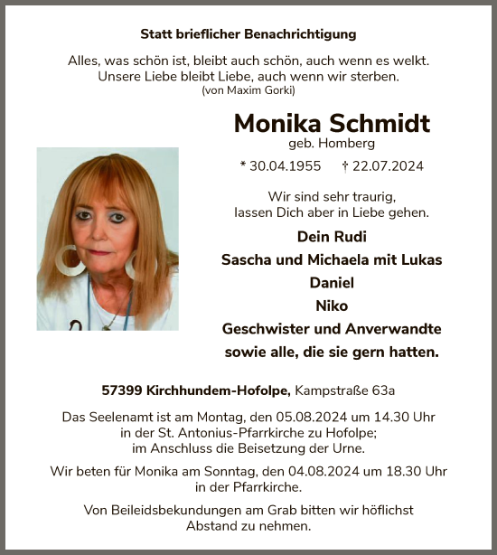 Todesanzeige von Monika Schmidt von WA