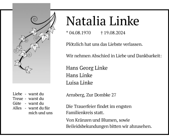 Todesanzeige von Natalia Linke von WA