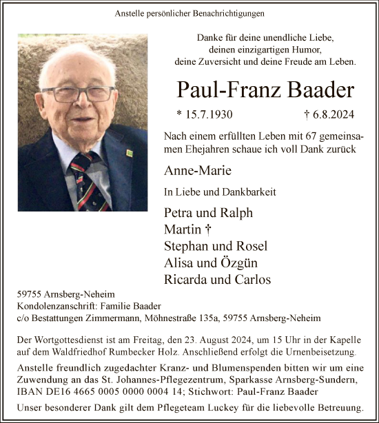 Todesanzeige von Paul-Franz Baader von WA