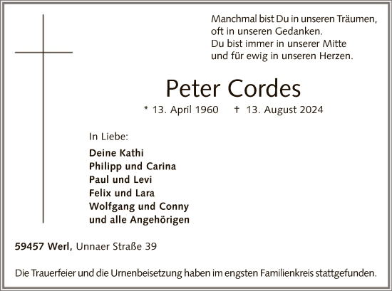 Todesanzeige von Peter Cordes von WA