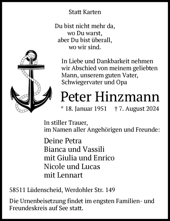 Todesanzeige von Peter Hinzmann von WA