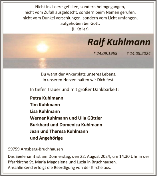 Todesanzeige von Ralf Kuhlmann von WA