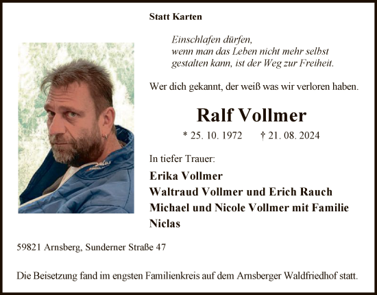 Todesanzeige von Ralf Vollmer von WA