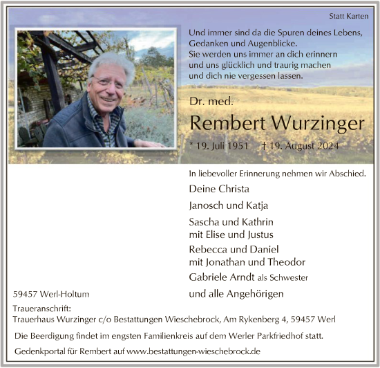 Todesanzeige von Rembert Wurzinger von WA