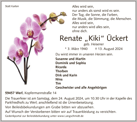 Todesanzeige von Renate Ückert von WA