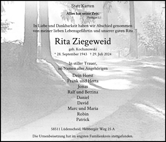 Todesanzeige von Rita Ziegeweid von WA