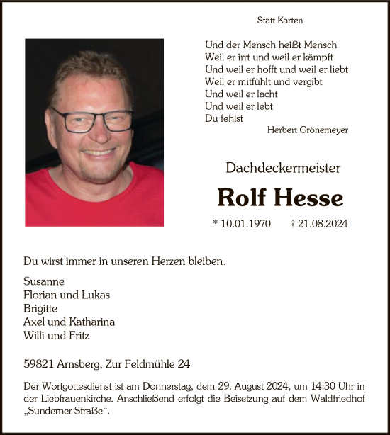 Todesanzeige von Rolf Hesse von WA