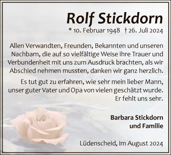 Todesanzeige von Rolf Stickdorn von WA