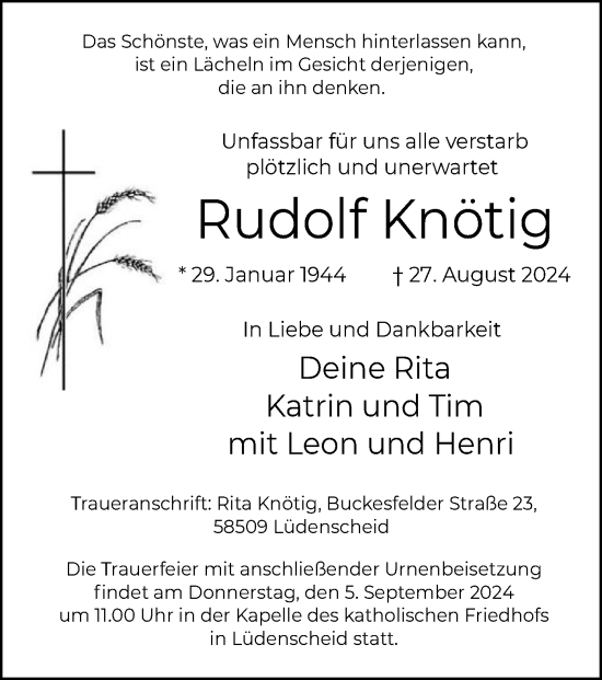 Todesanzeige von Rudolf Knötig von WA