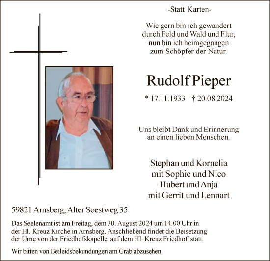 Todesanzeige von Rudolf Pieper von WA