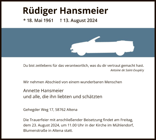 Todesanzeige von Rüdiger Hansmeier von WA