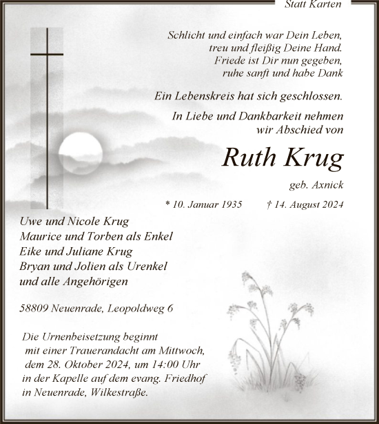 Todesanzeige von Ruth Krug von WA