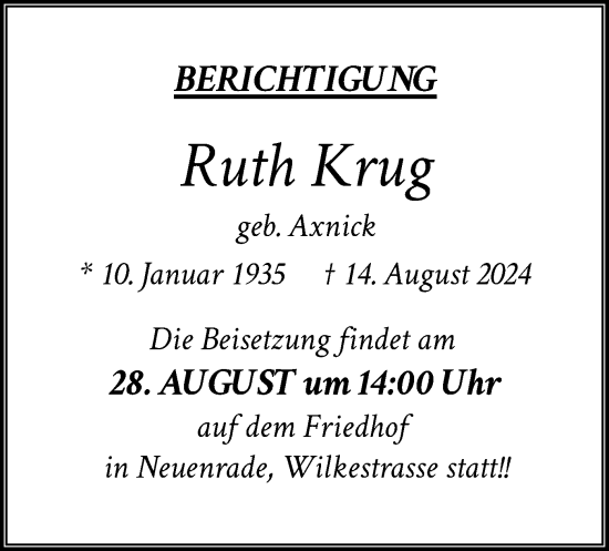 Todesanzeige von Ruth Krug von WA