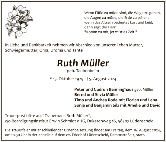 Todesanzeige von Ruth Müller von WA