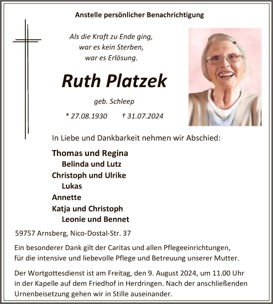 Todesanzeige von Ruth Platzek von WA