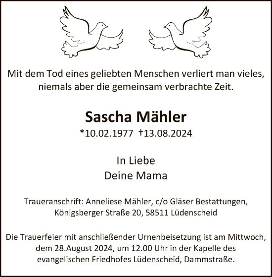 Todesanzeige von Sascha Mähler von WA