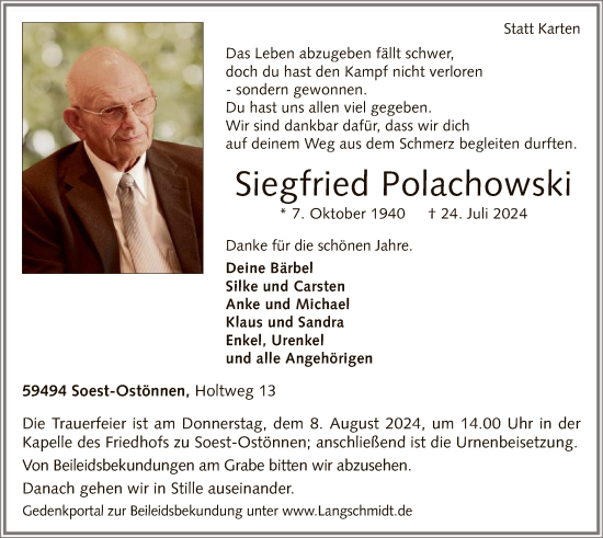 Todesanzeige von Siegfried Polachowski von WA