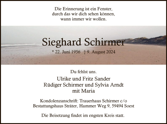 Todesanzeige von Sieghard Schirmer von WA