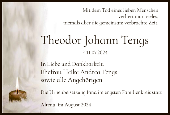 Todesanzeige von Theodor Johann Tengs von WA