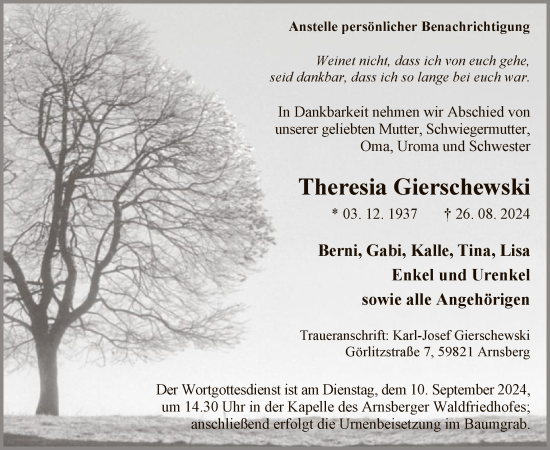 Todesanzeige von Theresia Gierschewski von WA