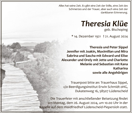 Todesanzeige von Theresia Klüe von WA