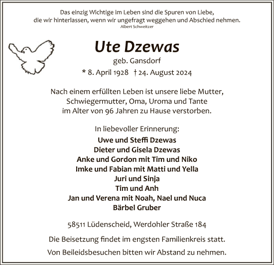 Todesanzeige von Ute Dzewas von WA