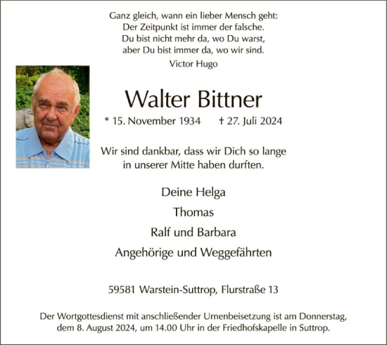 Todesanzeige von Walter Bittner von WA