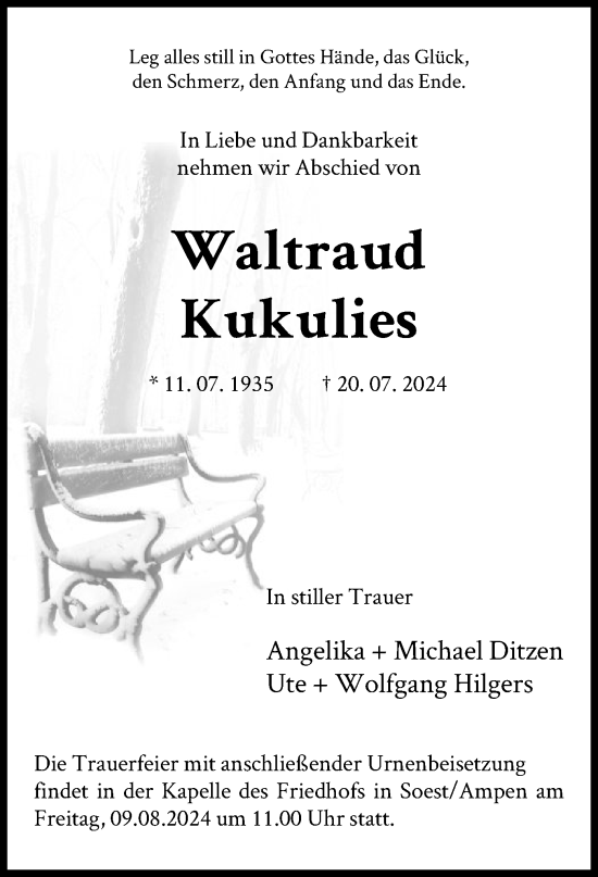 Todesanzeige von Waltraud Kukulies von WA