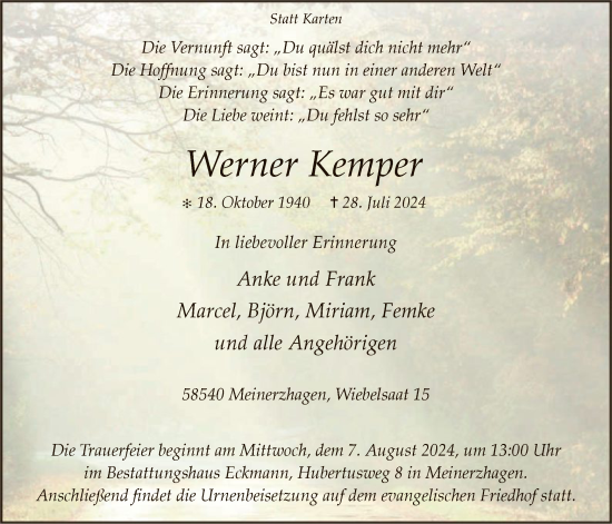 Todesanzeige von Werner Kemper von WA