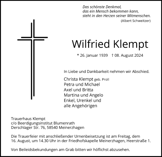 Todesanzeige von Wilfried Klempt von WA