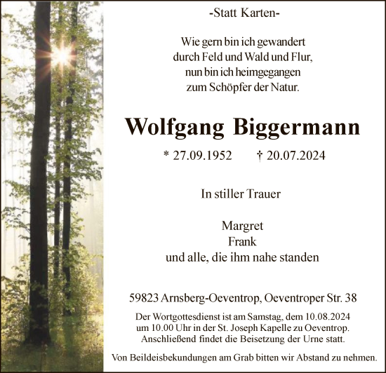 Todesanzeige von Wolfgang Biggermann von WA