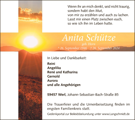 Todesanzeige von Anita Schütze von WA