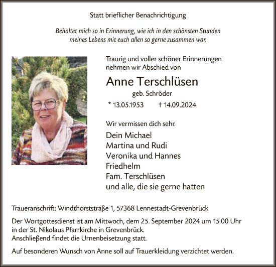 Todesanzeige von Anne Terschlüsen von WA