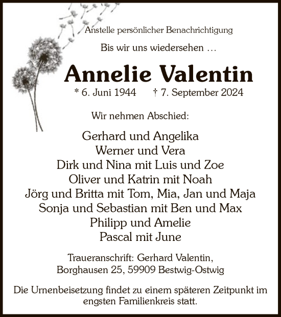 Todesanzeige von Annelie Valentin von WA