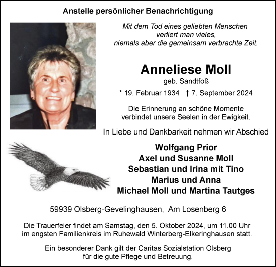 Todesanzeige von Anneliese Moll von WA