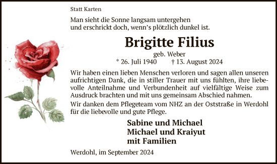 Todesanzeige von Brigitte Filius von WA