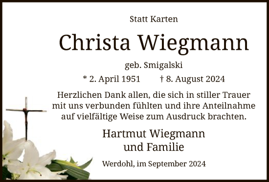 Todesanzeige von Christa Wiegmann von WA