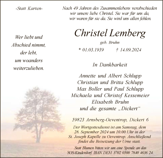 Todesanzeige von Christel Lemberg von WA